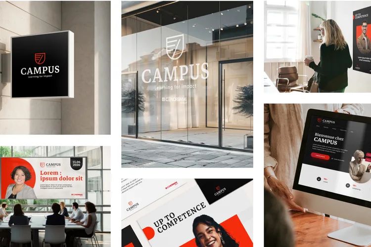 Identité visuelle CAMPUS déclinée sur la signalétique, l'affichage et l'écran d'accueil