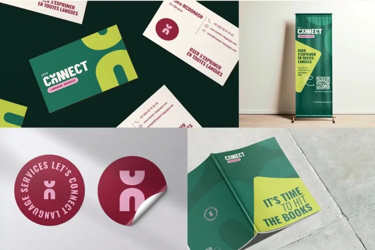 Identité Let’s CONNECT déclinée sur des cartes de visite, des autocollants, un kakémono et une brochure